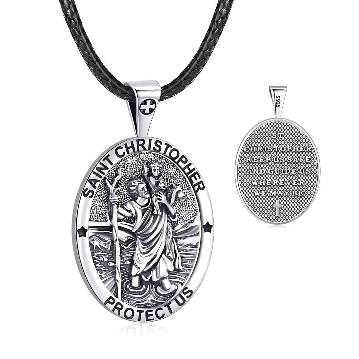 Detailed Silver St Christopher Necklace with Prayer with 24 inch Rope Xenos Jewelry