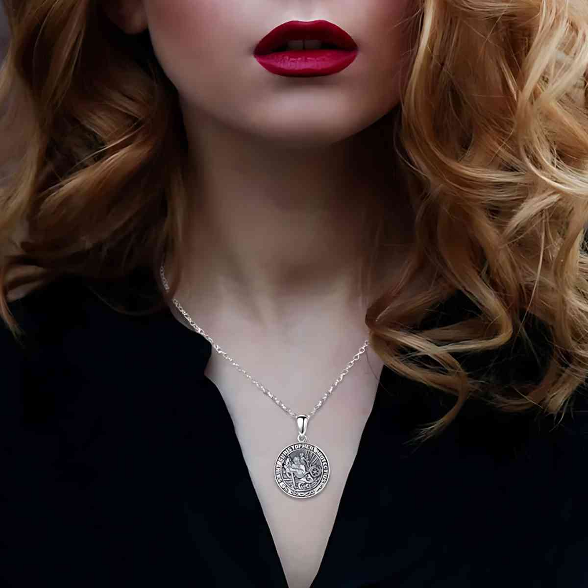 Detailed St Christopher Medal Necklace Worn by Model Xenos Jewelry