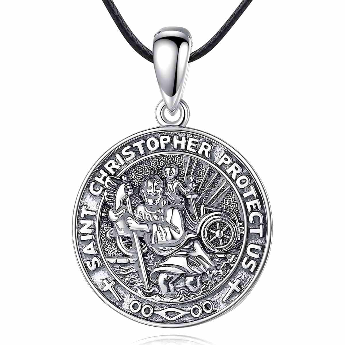 Detailed St Christopher Medal Necklace with 24 inch Rope Xenos Jewelry