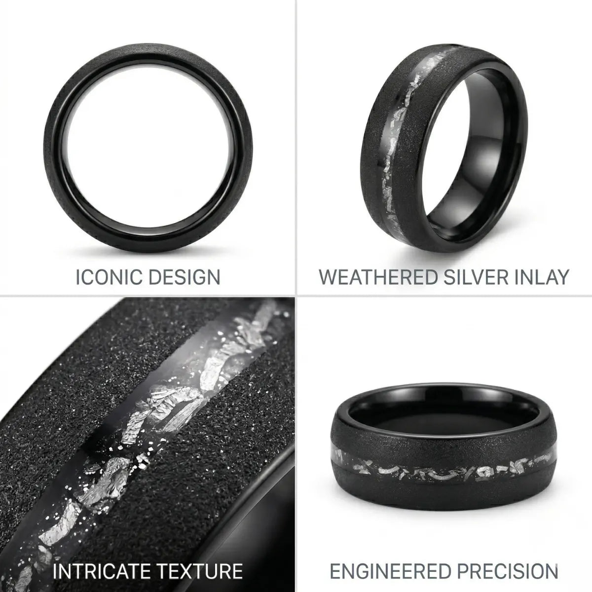 Detailed technical features view of the Black Meteorite Tungsten Ring band profiles