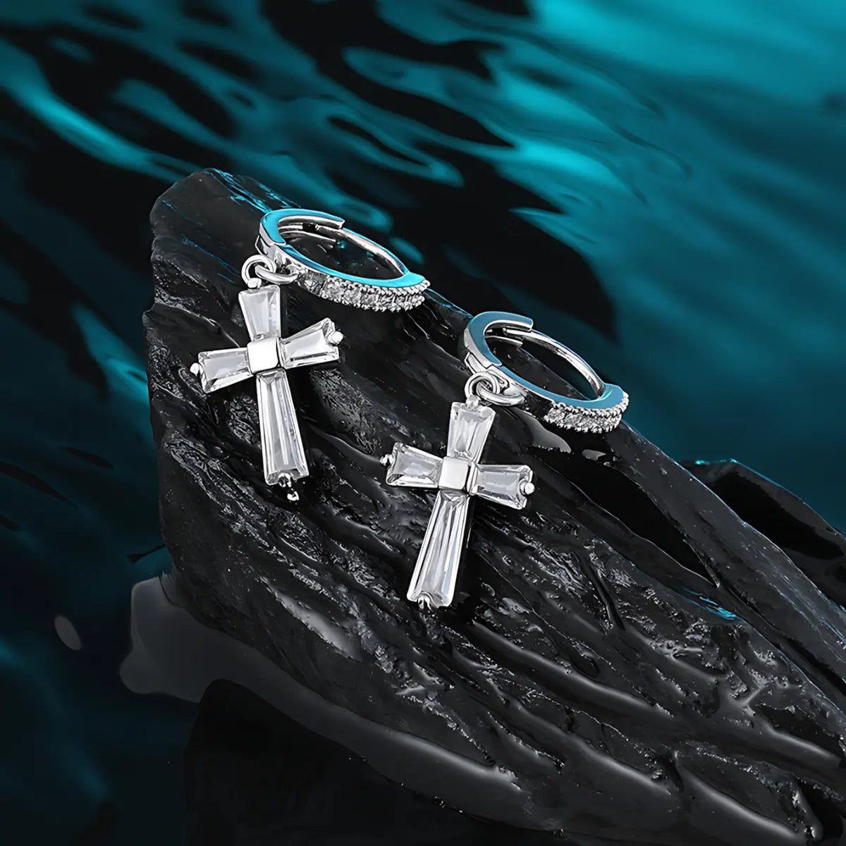 Diamond Cross Drop Earrings Front Details