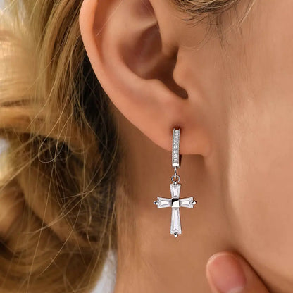 Diamond Cross Drop Earrings Worn By Female Model