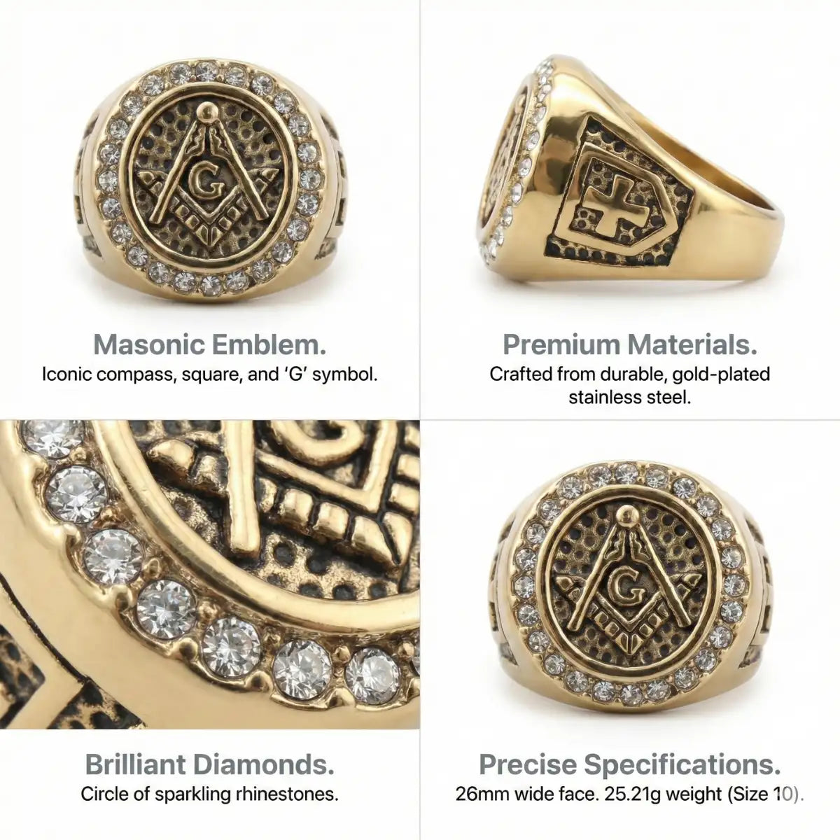 Diamond Freemason Ring Features