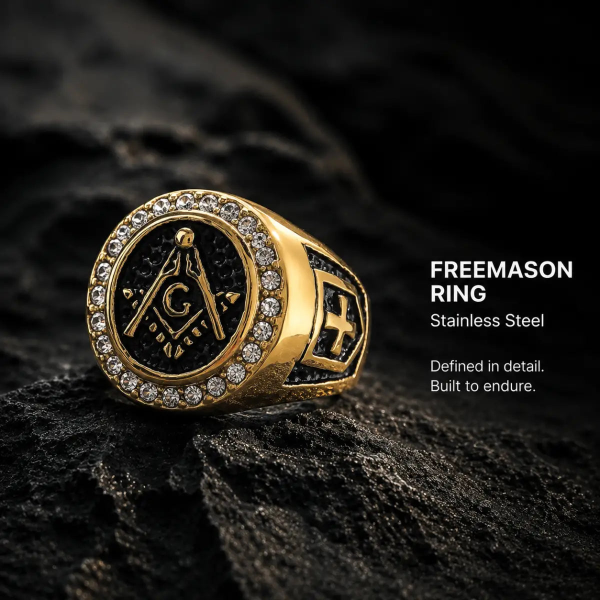 Diamond Freemason Ring Gold Displayed on Stone Surface
