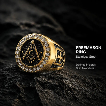 Diamond Freemason Ring Gold Displayed on Stone Surface
