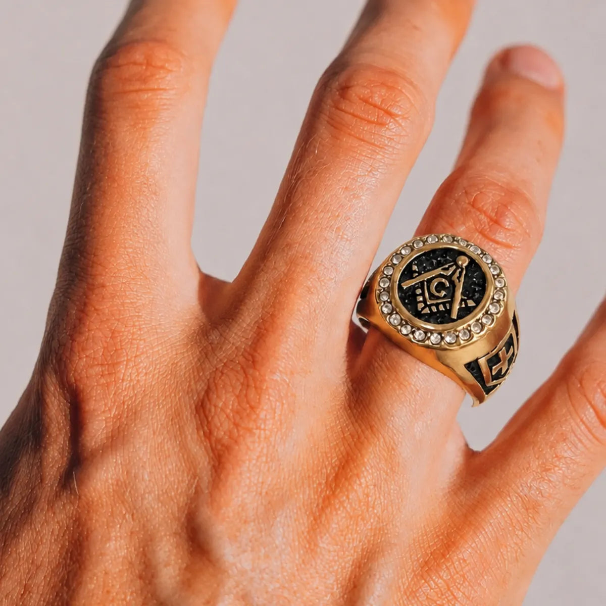 Diamond Freemason Ring Gold Worn on Hand Close Up