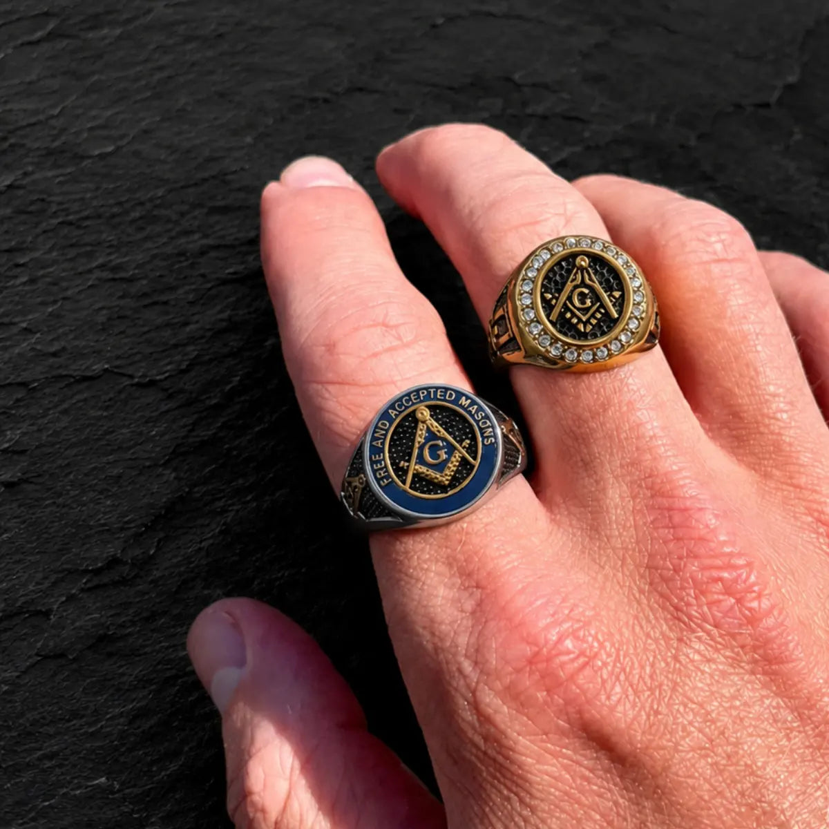 Diamond Freemason Ring Gold and Free and Accepted Masons Ring Blue Enamel Worn on Hand Close Up