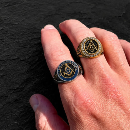 Diamond Freemason Ring Gold and Free and Accepted Masons Ring Blue Enamel Worn on Hand Close Up