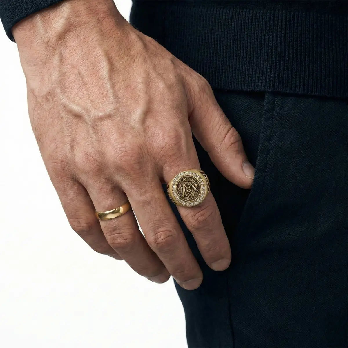 Diamond Freemason Ring by Male Model
