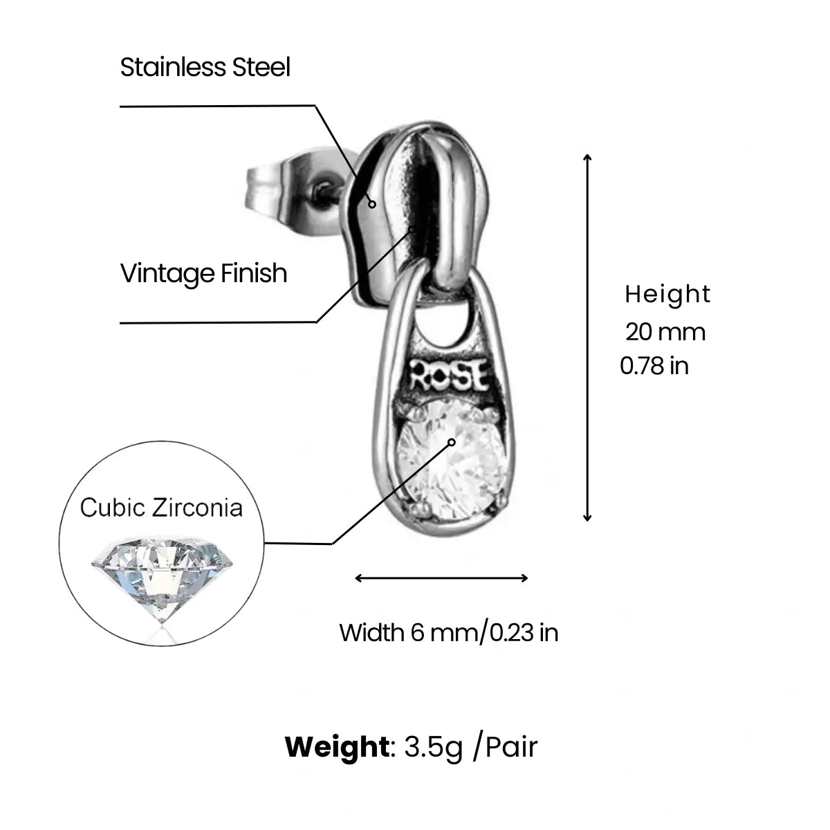 Diamond Zipper Stud Earrings Dimensions and Weight