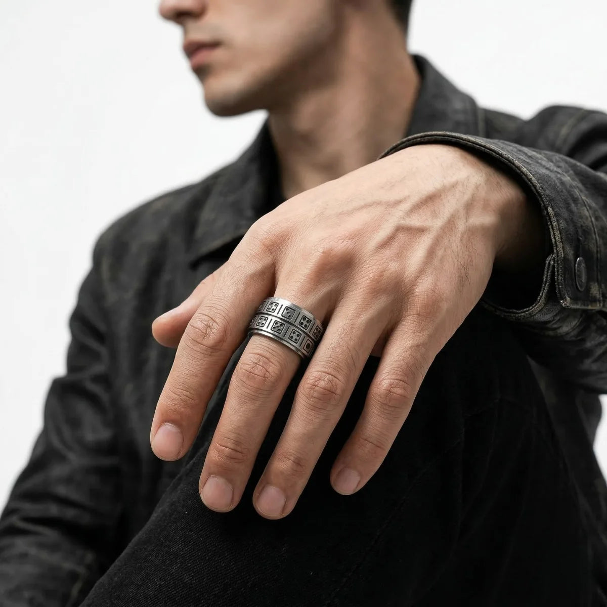 Dice Spinner Ring Worn by Male Model