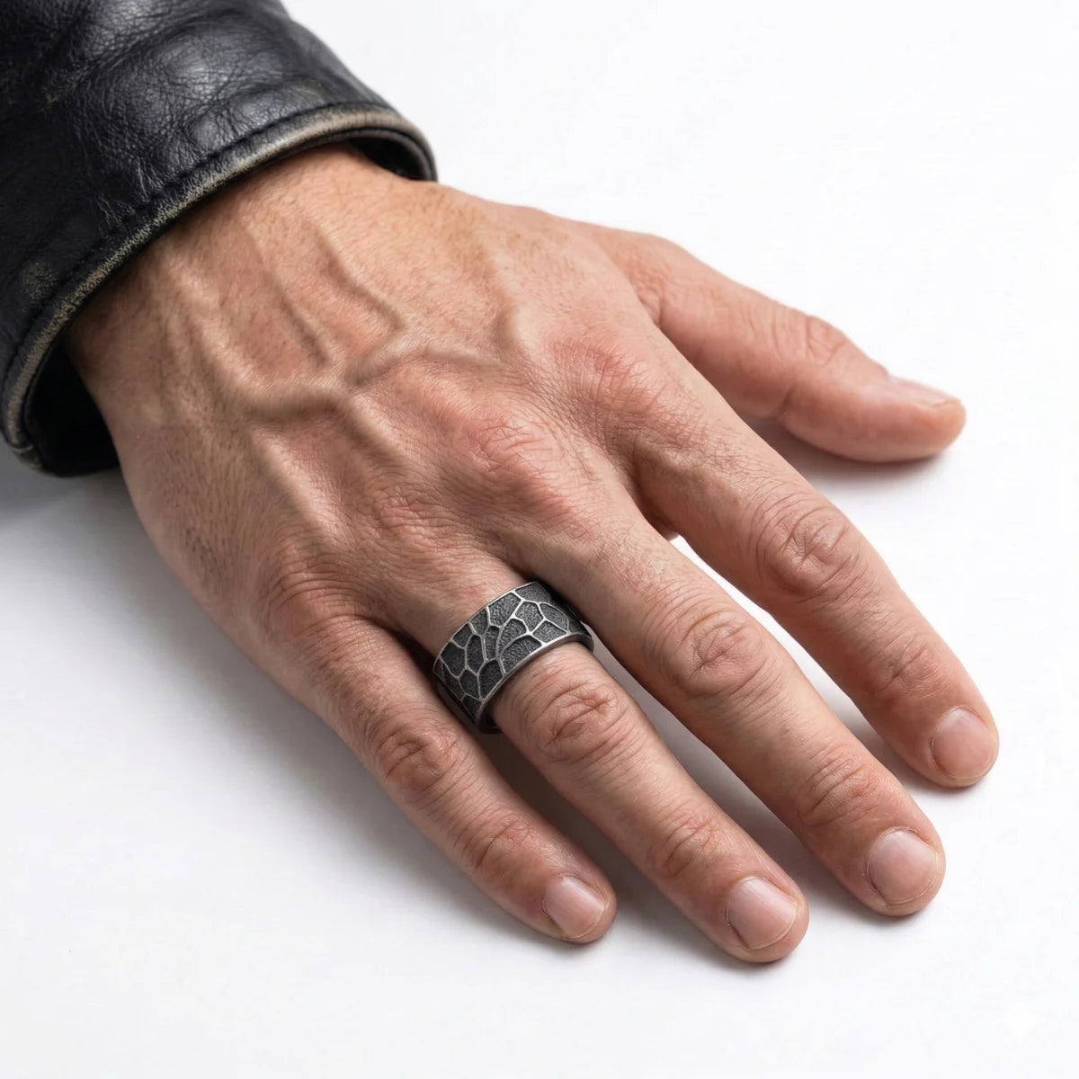 Distressed Texture Band Ring Worn by Male Model Close Up