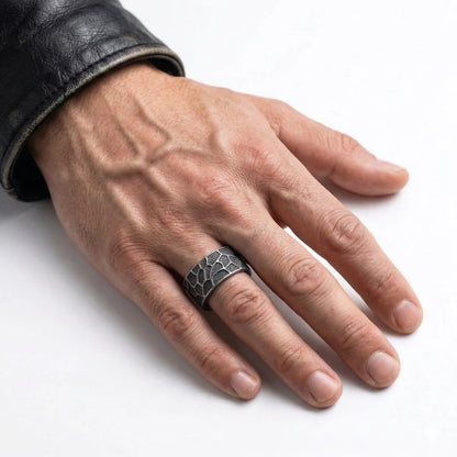 Distressed Texture Band Ring Worn by Male Model Close Up
