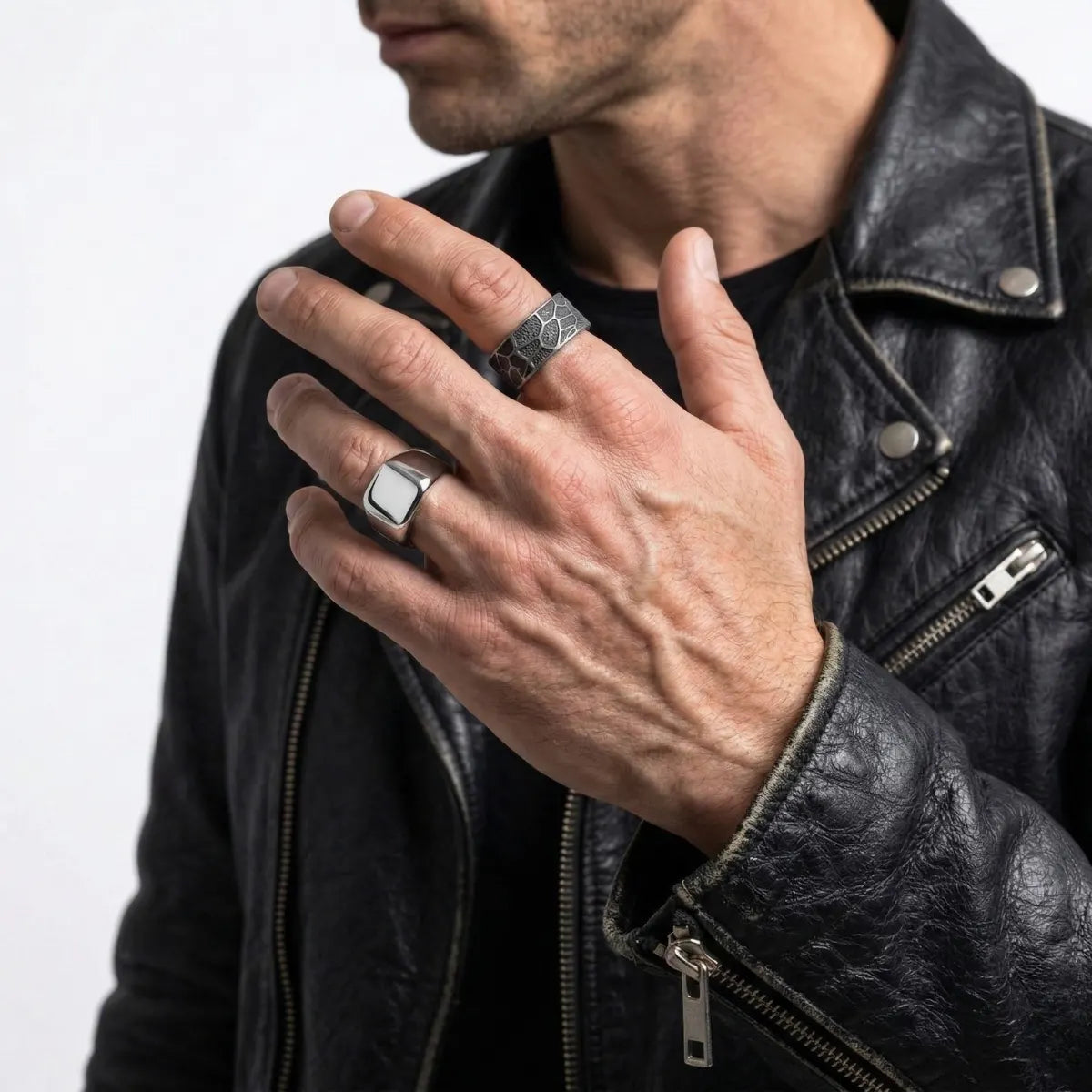 Distressed Texture Band Ring Worn by Male Model