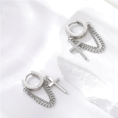 Double Chain Cross Drop Hoop Earrings Silver Top View
