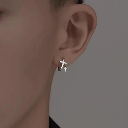 Double Cross Hoop Earrings Worn by Male Model Close Up