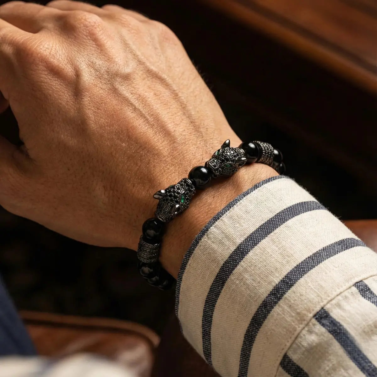 Double Leopard Mens Bracelet Black Worn by Male Model