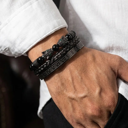 Double Leopard Mens Bracelet Set Black Worn by Male Model