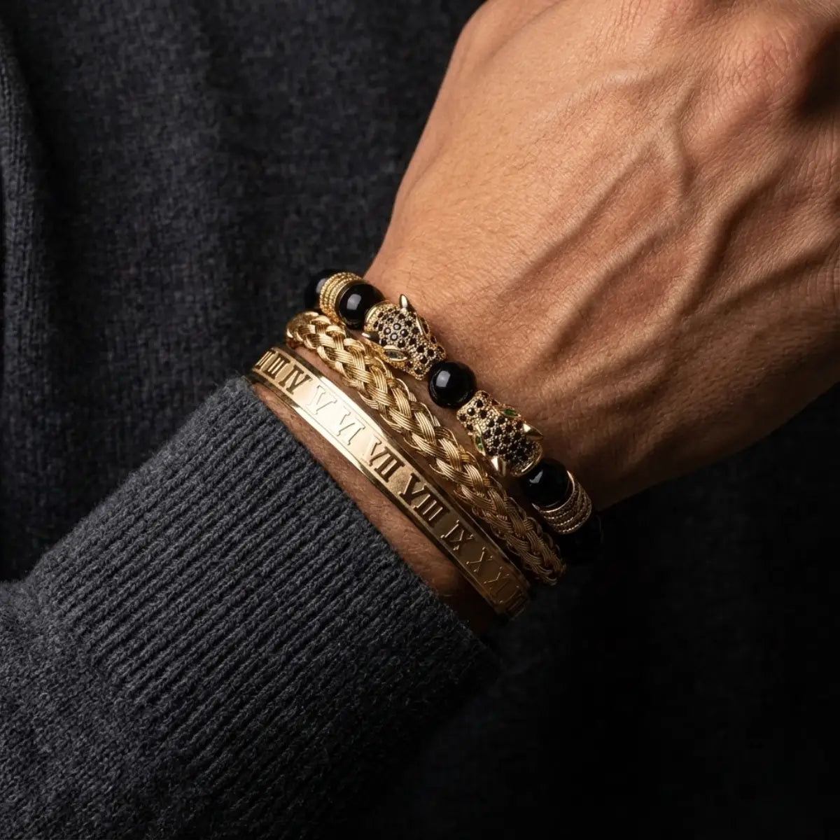 Double Leopard Mens Bracelet Set Gold Worn by Male Model Front