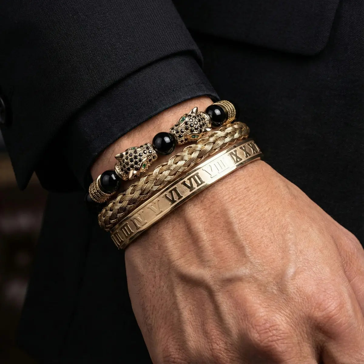 Double Leopard Mens Bracelet Set Gold Worn by Male Model