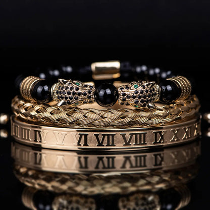 Double Leopard Mens Bracelet Set Gold