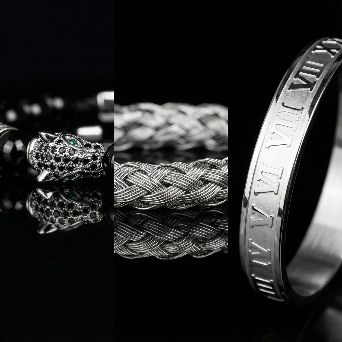 Double Leopard Mens Bracelet Set Silver Details