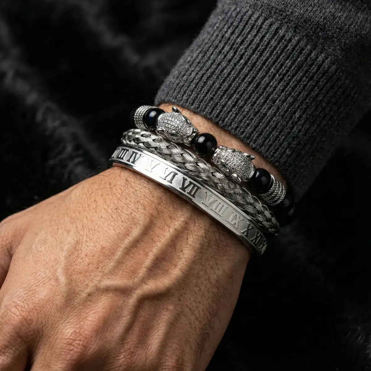 Double Leopard Mens Bracelet Set Silver Worn by Male Model