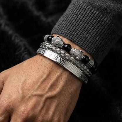 Double Leopard Mens Bracelet Set Silver Worn by Male Model