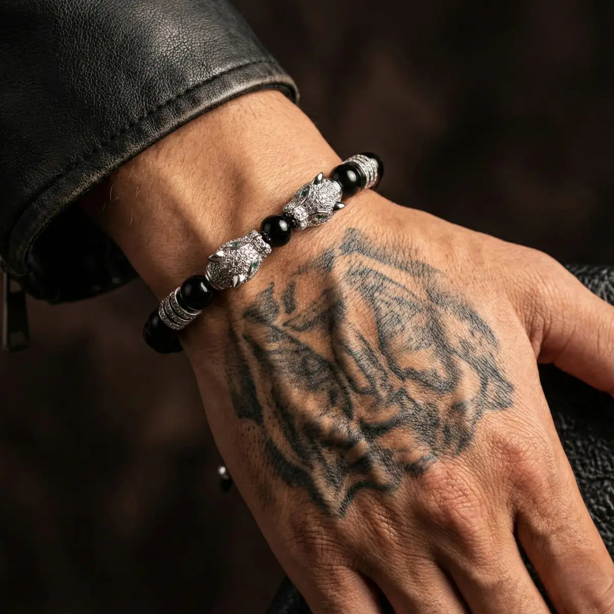 Double Leopard Mens Bracelet Silver Worn by Male Model