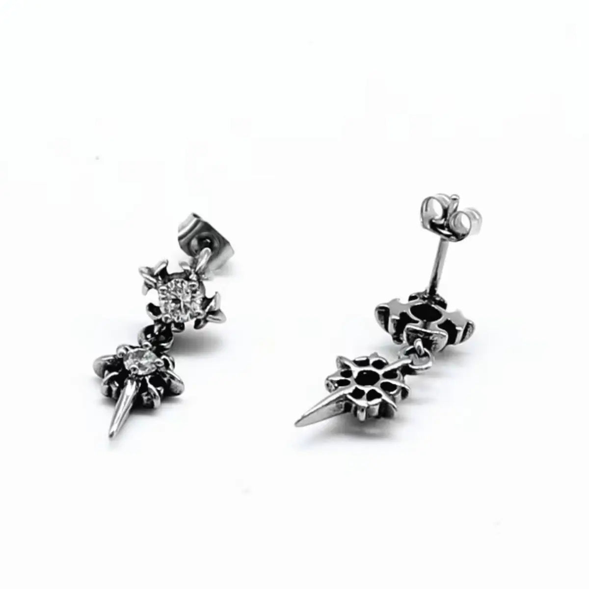 Double North Star Diamond Drop Stud Earrings Back View