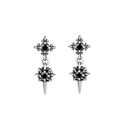 Double North Star Diamond Drop Stud Earrings Black Stones