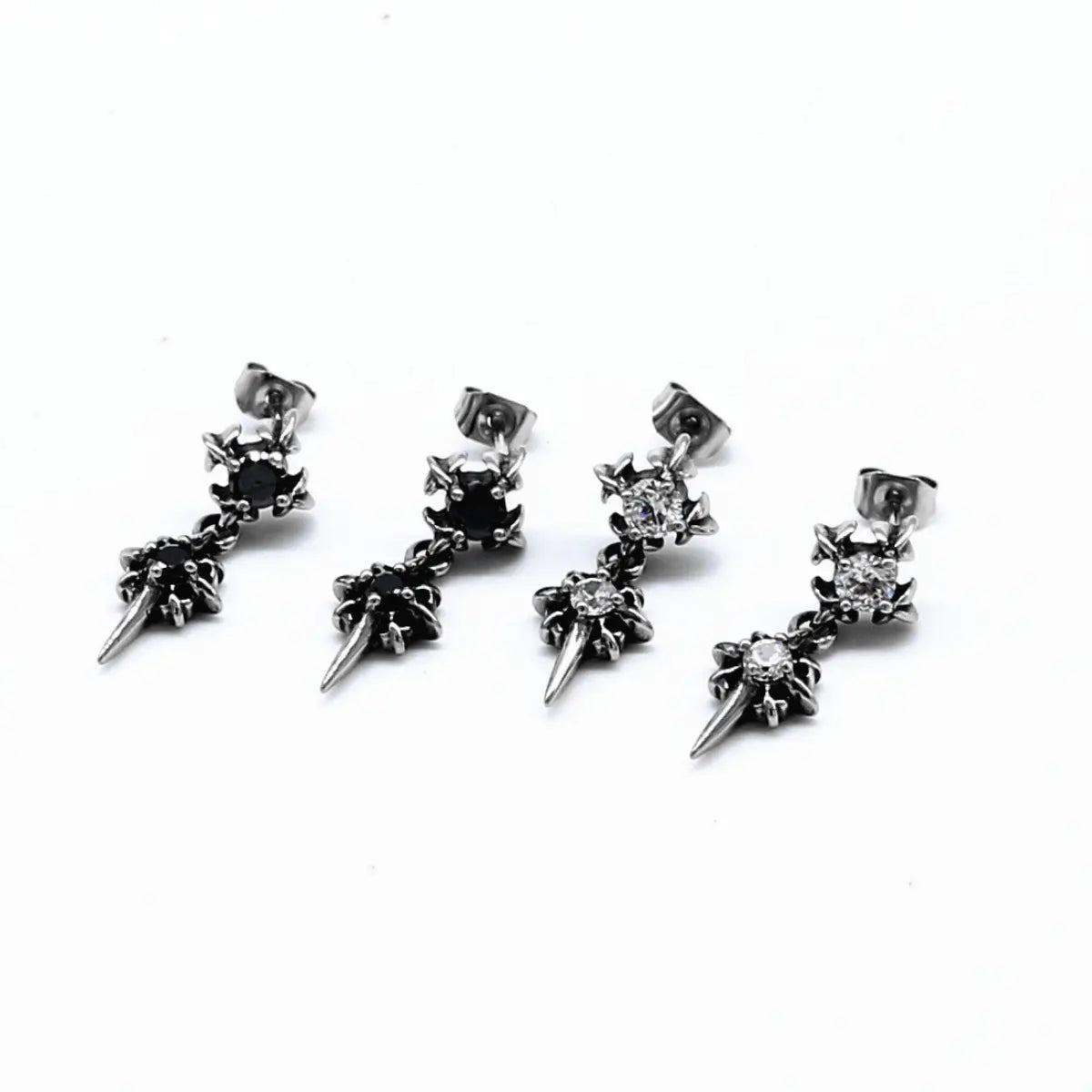 Double North Star Diamond Drop Stud Earrings Black and White Stones
