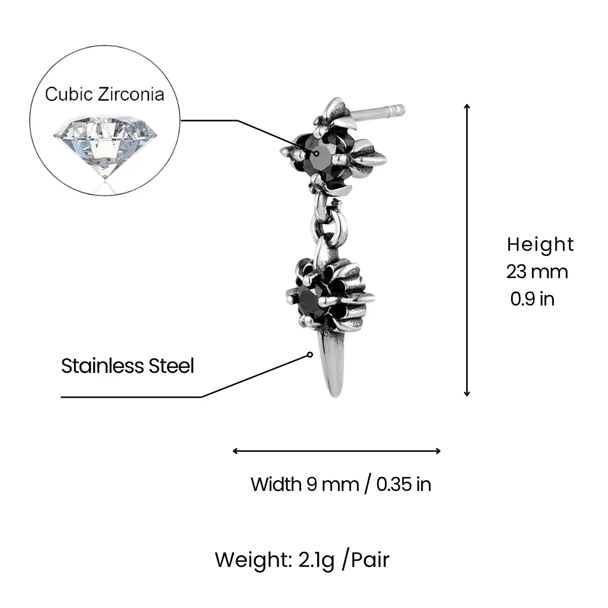 Double North Star Diamond Drop Stud Earrings Dimensions and Weight