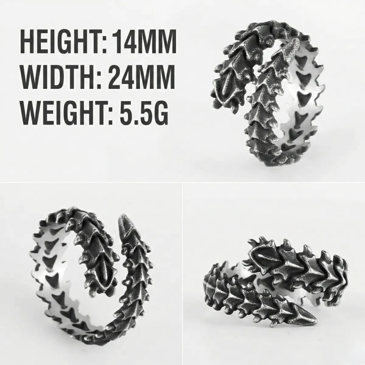 Dragon Bone Ring Multi Angle Dimensions and Weight