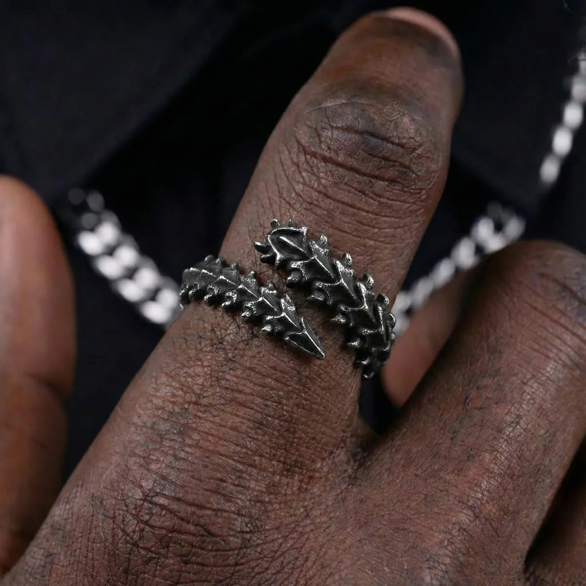 Dragon Bone Ring Worn by Male Model Front