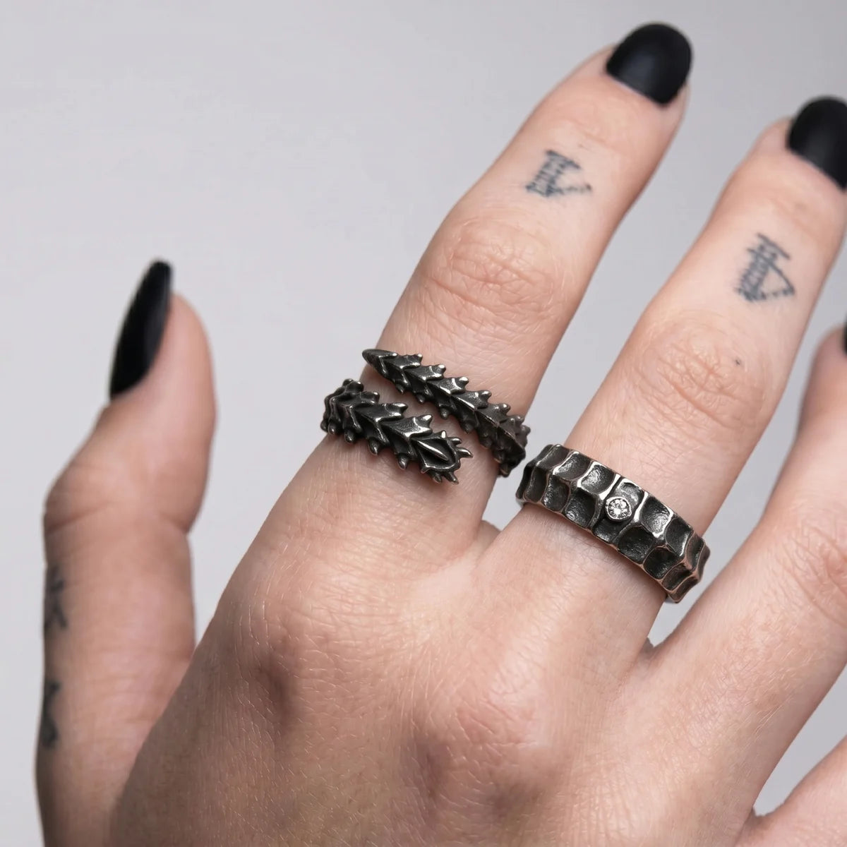 Dragon Bone Ring and Dragon Scale Ring Worn by Female Model