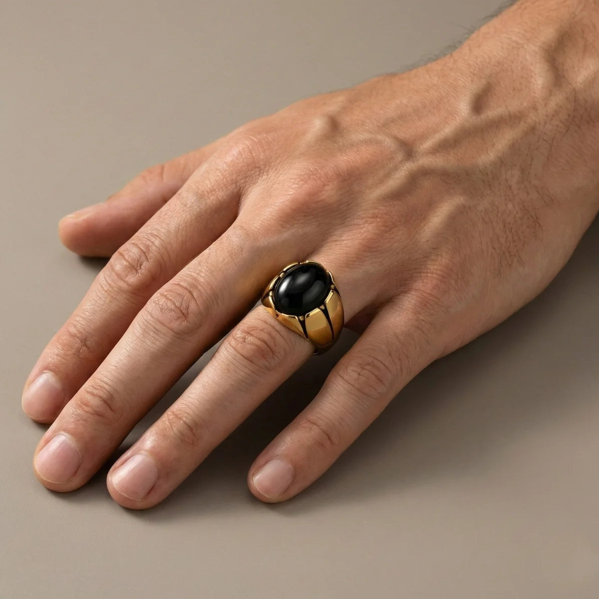 Dragon Claw Black Stone Ring Gold Worn by Male Model Close Up