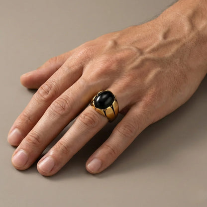 Dragon Claw Black Stone Ring Gold Worn by Male Model Close Up