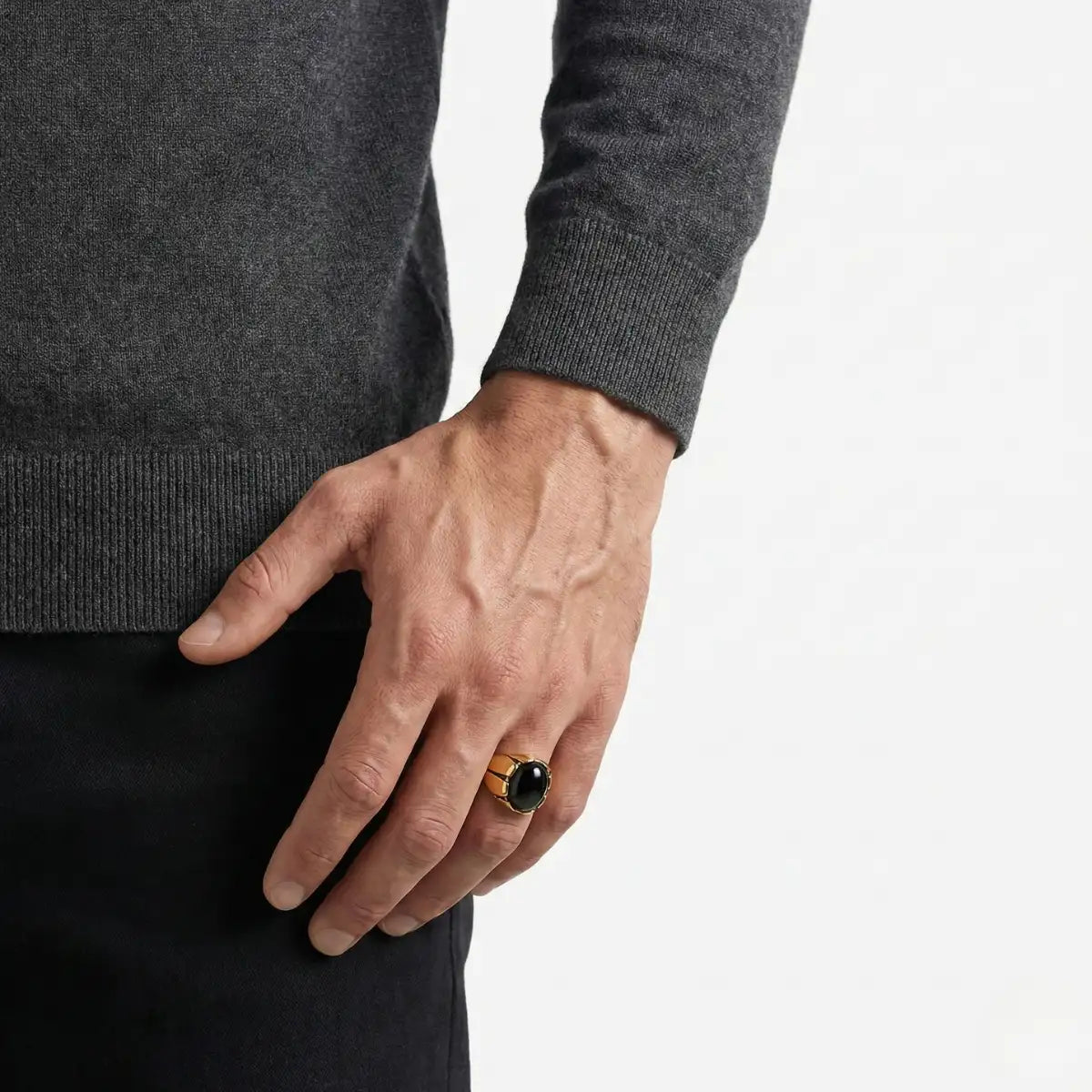 Dragon Claw Black Stone Ring Gold Worn by Male Model