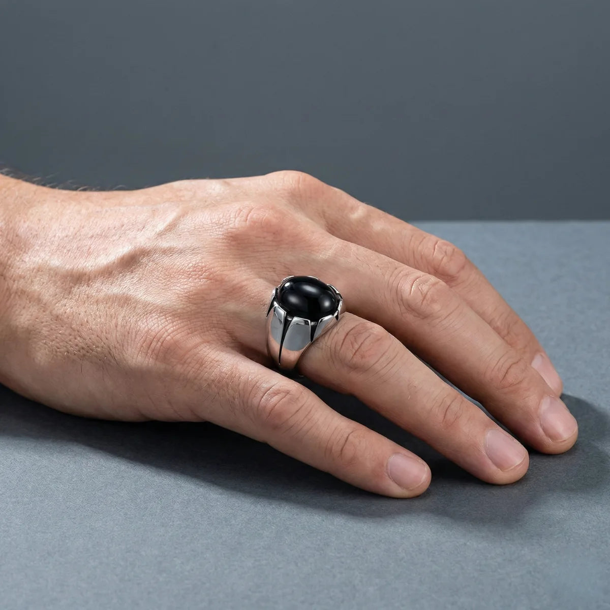Dragon Claw Black Stone Ring Silver Worn by Male Model Close Up