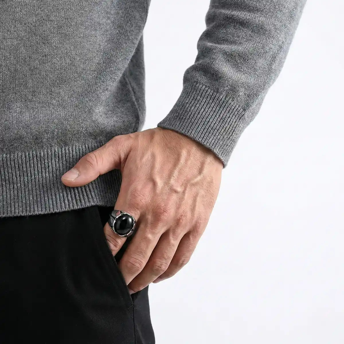 Dragon Claw Black Stone Ring Silver Worn by Male Model
