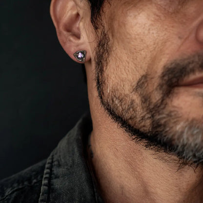 Dragon Claw Garnet Stud Earrings Worn by Male Model Close Up