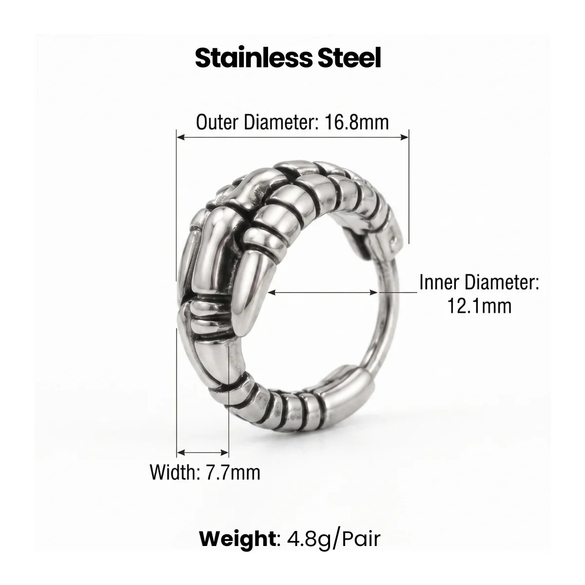 Dragon Claw Hoop Earrings Silver Dimensions and Weight Infographic