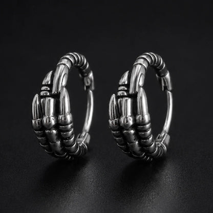 Dragon Claw Hoop Earrings Silver Pair Close Up Black Background