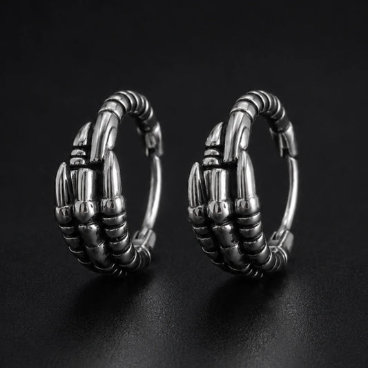 Dragon Claw Hoop Earrings Silver Pair Close Up Black Background