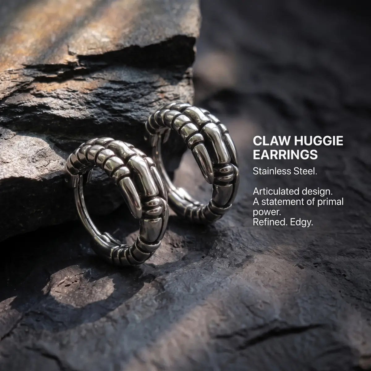Dragon Claw Hoop Earrings Silver Pair Displayed on Stone Surface