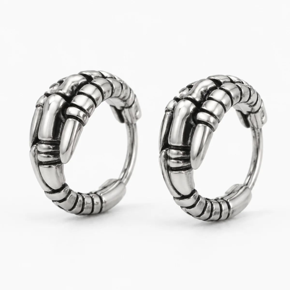 Dragon Claw Hoop Earrings Silver Pair Front View White Background