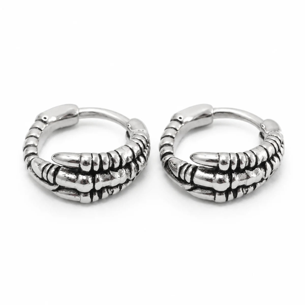Dragon Claw Hoop Earrings Silver Pair Top View White Background