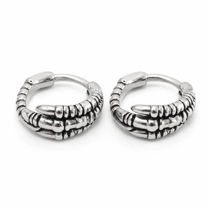 Dragon Claw Hoop Earrings Silver Pair Top View White Background