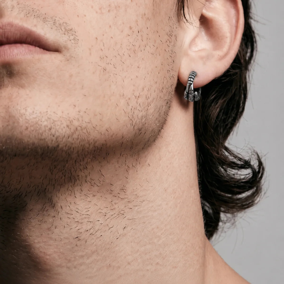 Dragon Claw Hoop Earrings Silver Side Profile Worn by Male Model